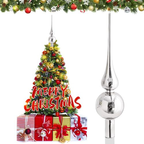 Hukermoon Weihnachtsbaumspitze Glas Matt, 26 cm Christbaumspitze, Weihnachtsbaum Stern Spitze, Christbaumschmuck Spitze, Christmas Tree Topper, Weihnachtsdeko Baumspitze, Tannenbaumspitze (Silber)