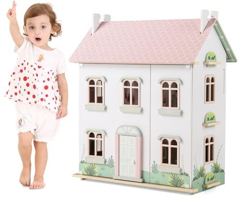 GYMAX Wooden Kids Dollhouse, 3-Storey Dolls House with 5 Rooms, Double-sided Roofs and 19pcs Furniture Accessories, Large Doll House for 3 Years Old+