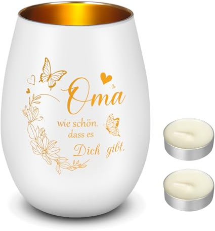Nuenen Geschenk für Oma Teelichtglas mit 2 Stück Weißen Teelichtern Wie Schön DASS Es Dich Gibt Graviertes Windlicht und Teelichter für Großmutter Geburtstag Muttertagsgeschenk (Oma)