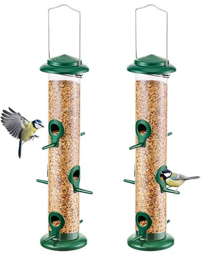 iBorn 2 Stück Vogelfutterspender - 38cm Metall Futterspender mit 6 Anflugplätzen - Futterhaus zum Aufhängen für Vögel -Wildvogel Futterstation - Futtersäule - Wildvögel Futtersilo- Grün