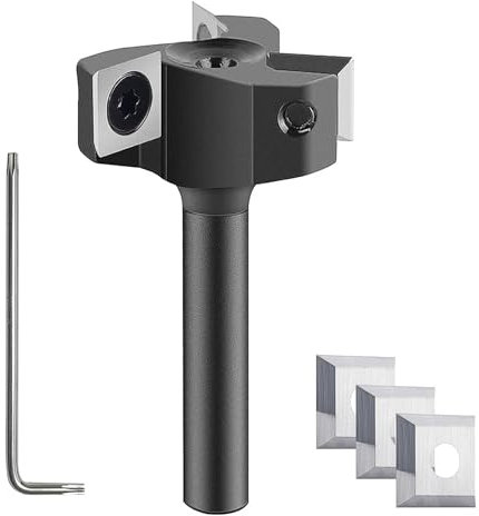 SpeTool Fraise à plan, 8 mm, tige de 35 mm de diamètre, avec 3 lames en carbure interchangeables (10,5 mm x 10,5 mm x 2,2 mm), 3 flûtes, CNC VHM, fraise à plan, pour défonceuse, fraise à disque