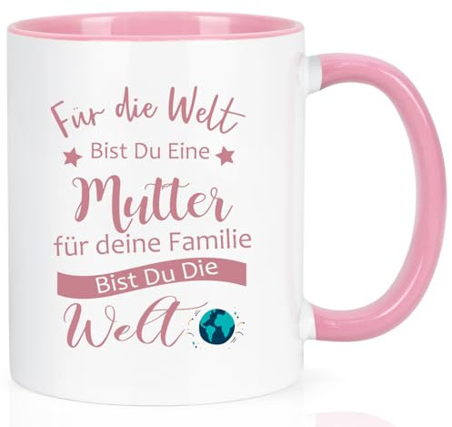 Joymaking Kaffeetasse Geschenk für Mama zum Geburtstag Muttertag Weihnachtsgeschenke, Beste Mama Geschenk Muttertagsgeschenk Tasse mit Spruch für Familie bist du die Welt, 320ml Rosa
