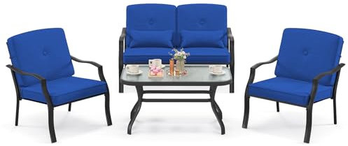 GOPLUS 4 teiliges Gartenmöbel Set, inkl. 2 einzelne Gartenstühle, 1 doppelter Gartenstuhl & 1 Couchtisch, Balkonmöbel Set, Sofagarnitur mit Sitzpolster, Sitzgruppe für Balkon Garten Terrasse (Blau)