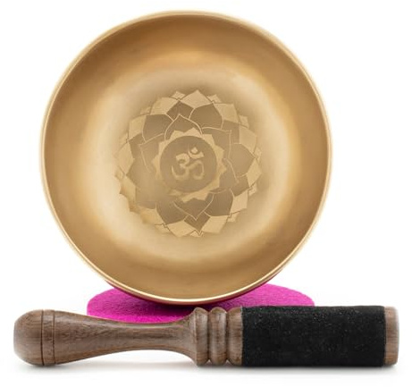 Cuenco tibetano de 400 g, con grabado de mandala OM, forjado a mano | Comercio justo de Nepal, ideal para meditación y yoga, incluye accesorios