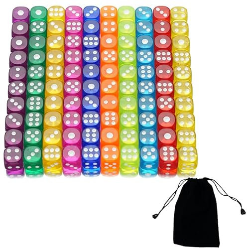 100 Pezzi di Dadi Acrilici 12mm, 6 Lati, 10 Colori, Perfetto per Giochi da Tavolo e Giochi di Dadi