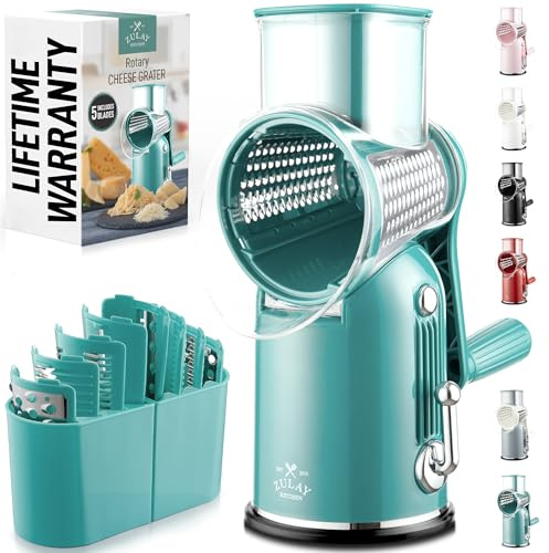 Zulay Kitchen Käsereibe Manuell mit 5 Trommeln - Reibe Edelstahl Handkurbel Gemüsereibe & Parmesanreibe, Käsereibe mit starker Saugkraft, runde Reibe Spätzlehobel, Küchenreibe mit Kurbel, Green