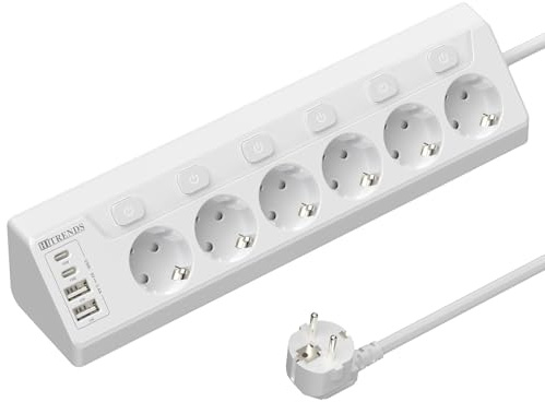 HITRENDS Ecksteckdose mit USB, 6 Fach Tischsteckdose Steckdosenleiste mit Schalter, Mehrfachsteckdose Ecke Steckerleiste mit 2 USB und 2 Type-C, 10 in 1 Überspannungsschutz mit 2M Kabel, Weiß