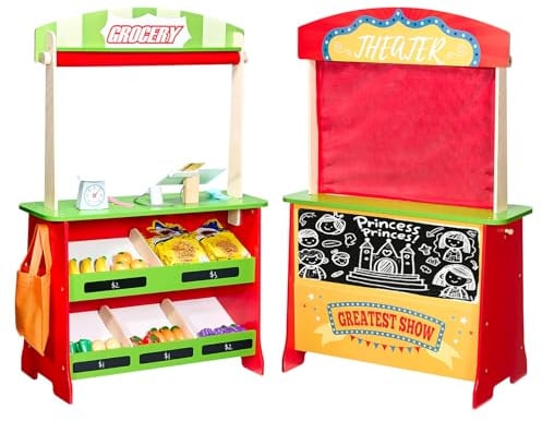 VEVOR Set da Gioco per Bambini in Legno con Tende, Negozio di Giocattoli Reversibile, Negozio di Alimentari Bifacciale con Lavagna e Registratore di Cassa, Bancarella del Mercato per Bambini