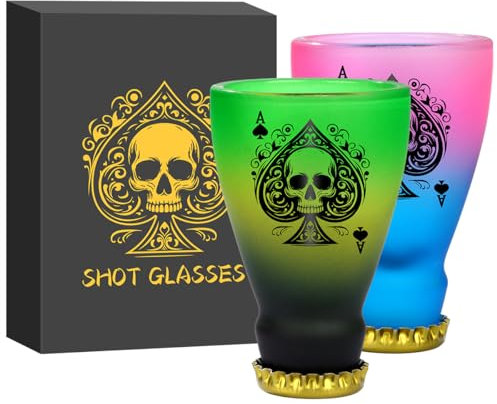 LKKCHER NOVELTY Spades Skull Pattern Personalised Glass Shot Glasses, 43ml Shot Cups Set of 2 with Gift Box, for Men, Women, Wedding & Party Durable and Reusable Shot Glasses for Home,Bars & Party