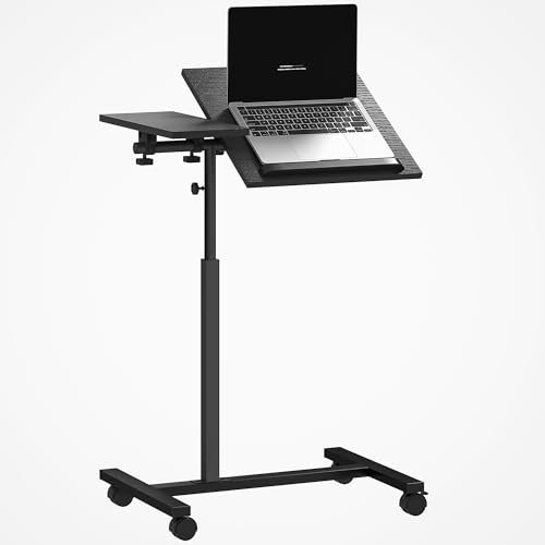HOMCOM Tavolino per Computer a Forma di C con Altezza Regolabile, Tavolino Porta PC con Ruote Bloccabili e Piano Inclinabile, per Camera da Letto e Salotto, Nero