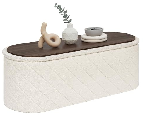 PINPLUS Klappbare Sitzbank mit Stauraum, Bettbank, 110x38x38 cm, Cremeweiß | Ovale Form, weicher Boucle-Stoff, faltbare Sitztruhe, Fußbank, Aufbewahrungsbank, für Wohnzimmer, Schlafzimmer, Flur