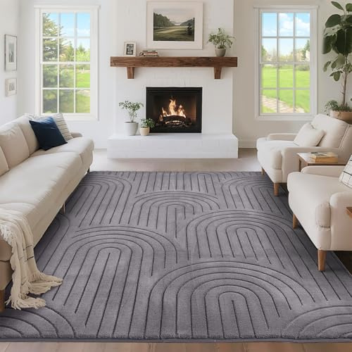 Puremy Wohnzimmerteppich Kurzflor mit 3D Hoch-Tief-Effekt, 240x340cm, Grau | Teppich für Schlafzimmer Kinderzimmer mit Hoch-Tief-Effekt, hohe Flordichte und angenehm weich, Moderner Bogenförmiges Design