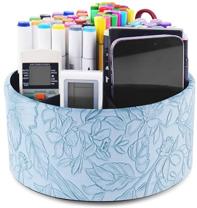 Czzmy Fernbedienungshalter, um 360° drehbar, PU-Leder, Schreibtisch-Aufbewahrungsbox, Raumzubehör für Controller, Medien, Post, Taschenrechner, Handy, Bleistift (1B-geschnitztes Blau)