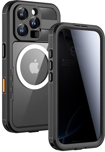 Lanhiem for iPhone 16 Pro Case Privacy, Waterproof Dustproof Case, [Compatible with MagSafe] [Buili in Anti-Spy Screen Protector] Heavy Duty Magnetic 16 Pro Cover 6.3 (Black)