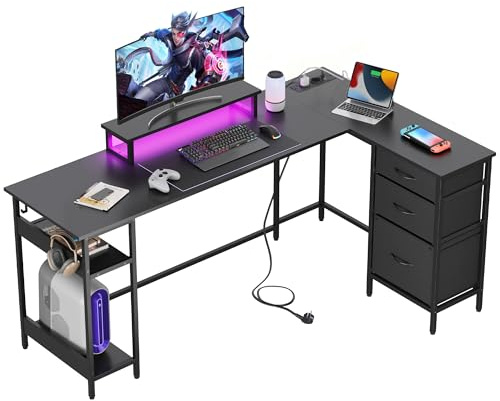 DEVAISE Bureau d'angle en L 170 x 100 cm avec Tiroirs avec Prises, LED et Étagères de Rangement, Table pour Gaming, Bureau et Télétravail, Noir