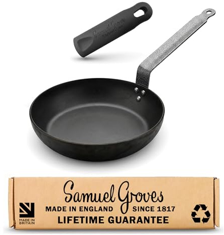 Samuel Groves 26cm Professional Seasoned Carbon Steel Omelette Pan 3mm + Silicone Ergonomic Handle - Heavy Duty, Induction Compatible, Oven Safe, Chef Egg Pan - UK Made, Oldest UK Cookware Company