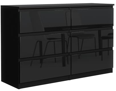 Masseno Kommode NUDO 138,5 cm Sideboard mit 6 Schubladen und Türen für Wohnzimmer Schlafzimmer Modern 138,5x39x78,5 cm Schwarz/Schwarz