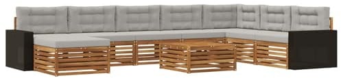 vidaXL Outdoor-Sofagarnitur mit Kissen 9 pcs Natürlich und Hellgrau, Gartenmöbel, modernes Outdoor-Sofa-Set, Akazienholz, modulares Sofa, ideal für Pool und Terrasse