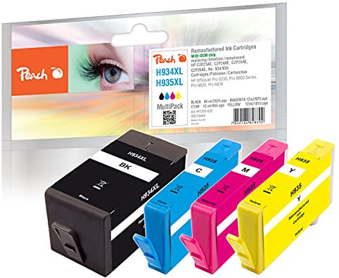 Peach H934/935 Spar Pack Druckerpatronen XL (BK, C, M, Y) ersetzt HP No. 934XL, No. 935XL, C2P23A-C2P26A für z.B. HP OfficeJet Pro 6830, HP OfficeJet Pro 6230, HP OfficeJet 6800 PI300-632 Schwarz, Cyan, Magenta, Gelb