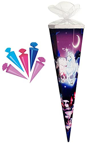 alles-meine.de GmbH Set Schultüte + 5 kleine Zuckertüten - Einhorn - Unicorn - Pferde - 70 cm - Filzabschluß - Zuckertüte - mit/ohne Kunststoff Spitze - Goldbuch - Mädche..