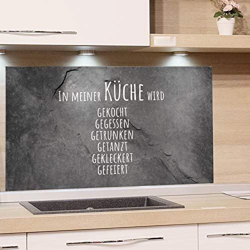 GRAZDesign Küchen Spritzschutz Herd Granitoptik Glasrückwand Rückwand Küche lustiger Spruch, Küchenrückwand Glas Familienspruch / 60x60cm