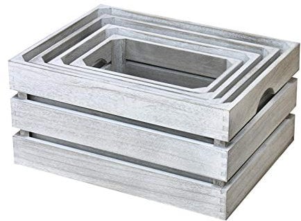 Hodge and Hodge Vintage Wooden Crate Set of 4 Slatted Fruit Boxes with Handles Natural Whitewash Finish