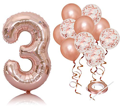 40 Inch Rose Gold Number 3 Balloon, 11 Pack Real Rose Gold Confetti Party Decorations for 1st Birthday Decorations Supplies, Anniversary, Baby Bridal Shower, Home and Office Decor (Rose, 3)