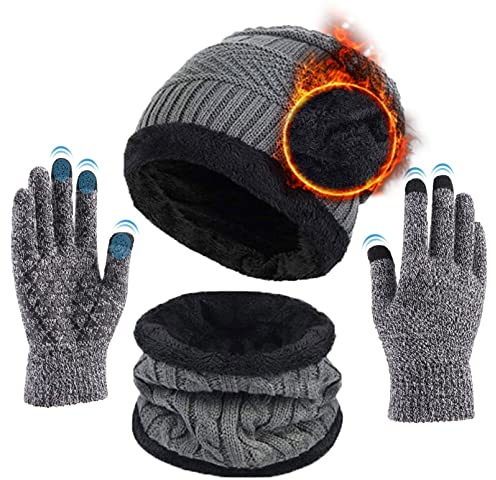 Aisprts Wintermütze Herren Mütze Schal Handschuh-Sets, Touchscreen Handschuhe Beanie Warme Mütze Strickmütze Winterschal Herren mit Fleecefutter