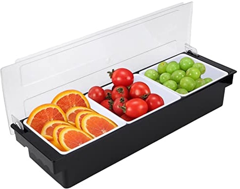 Condiment Dispenser, Large Plastic Condiment Holder Bar Fruit Caddy Salad Tacco Cocktail Garnish Tray for Snack Station, Buffet, Pizza Topping Station (3 Compartment)