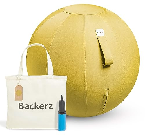 Backerz Sitzball 65 cm - Ergonomische Sitzmöbel für Büro und Heimbüro - Langlebiger Stoff, Gymnastikball - Fitness-Ball, Ballstuhl mit Ballauflage - Waschbarer Leinenbezug - Gelb