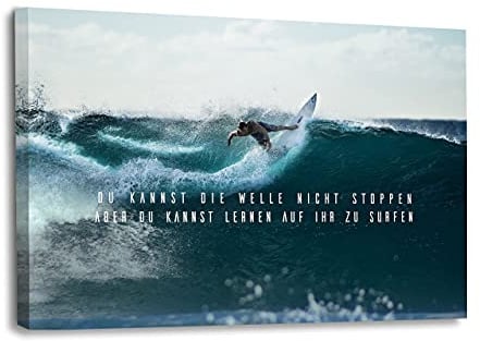 Hustling Sharks® Motivationsbild „Lerne zu Surfen“ – Leinwand 45 × 30 cm | XXL Motivationsbild im Querformat, Büro Bilder, Erfolg Bild, Bild mit Spruch, Wandbilder Motivation, Bürobilder, Kunst