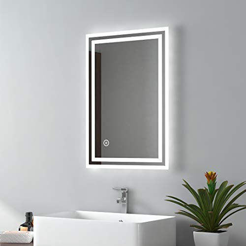 EMKE Bathroom Mirror with LED Lights - 400x600mm Backlit LED Illuminated Bathroom Mirror with Demister Heat Pad, Makeup Vanity Touch Mirror with LED Lights