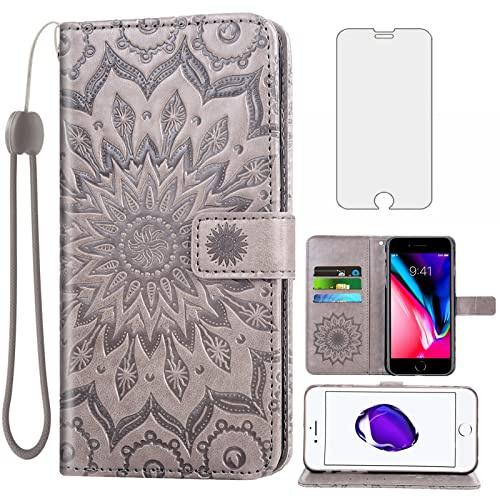Phone Case for iPhone 7/8/SE 2020/2022 Wallet with Tempered Glass Screen Protector Leather Flip Cover Card Holder Stand iPhone7 iPhone8 SE2020 SE2022 2/2nd/3/3rd Generation SE2 SE3 Women Men Gray