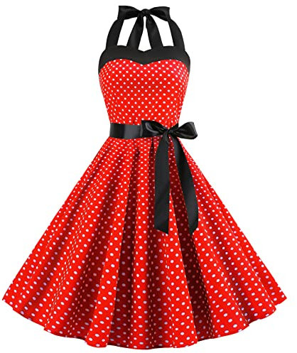 Robe Vintage Années 50 Femme Retro Rockabilly Pin Up Élégante Robes sans Manche Dos Nu Décolleté en Cœur Polka Dot Trapèze Mariage Cocktail Soirée Fête Cérémonie Décontractée au Genou Midi Rouge M