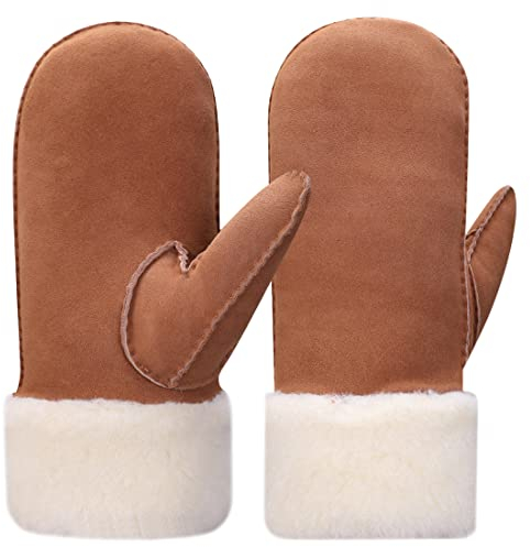 Harssidanzar Leder Fäustlinge,Damen Winter Schaffell Lammfell beheizte warme pelzige Stulpenhandschuhe Lederhandschuhe KL024EU,Kamel, Größe S
