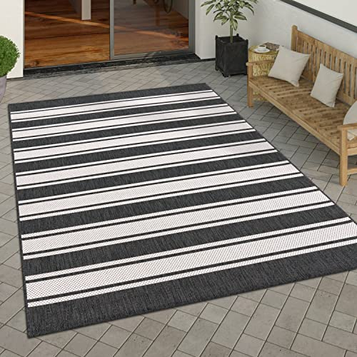 Paco Home Outdoor Teppich wetterfest & pflegeleicht Flachgewebe in Sisal-Optik mit Bordüre UV-beständig Modern für Balkon, Terrasse, Garten, Wohnzimmer, Grösse:80x250 cm, Farbe:Anthrazit-Weiß