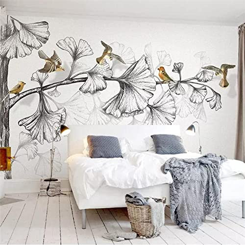 Fototapete - 4D Fototapete Diy Große Skizze Ginkgoblatt Fliegender Vogel Wandbild Für Wohnzimmer Schlafzimmer, Wasserdichte Wandtattoos Wohnkultur Tv Sofa Hintergrund Kinderzimmer,440Cm(B) X 270Cm(