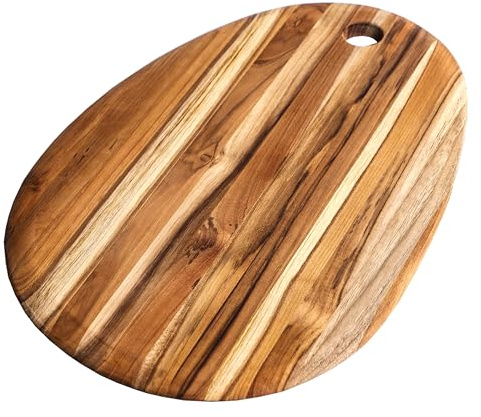 Teakhaus Schneidebrett oval, FSC-zertifiziertes Teakholz, mit Aufhängung | Holzschneidebrett, natürliche Maserung, messerschonend, pflegeleicht, vielseitig einsetzbar, für Frühstück und Brunch