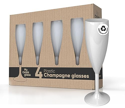 MyDrinkglass Plastik Sektgläser Givet 190 ml - Champagner Gläser 4 Stück - Sektgläser Kunststoff Set - 4 Camping Gläser Unzerbrechlich - Weiß