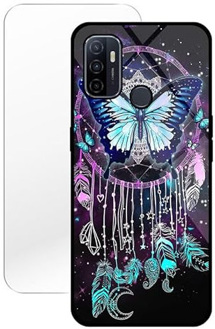 KARTXITAI Hülle Kompatibel mit Oppo A53/A53s/A32,Stoßfest Hybrid Schutzhülle [TPU Silikon Bumper+Glas Rückseite] mit Schmetterling Dreamcatcher Motiv Handyhülle Cover+Glas Displayschutz