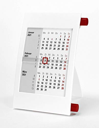 HiCuCo 3-Monats-Tischkalender für 2027 - Aufstellkalender - Stehkalender - mit Drehmechanik - Farbvarianten - (Weiß/Rot)