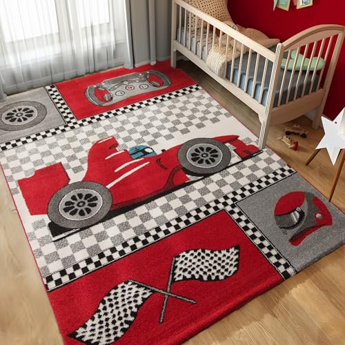 Carpettex Kinderteppich Rennwagen Design Rot 140 x 200 cm - Kurzflor Teppich Kinderzimmer für Mädchen und Jungen Pflegeleicht Weich - Waschbarer Spielteppich Babyteppich Gaming Teppich Babyzimmer