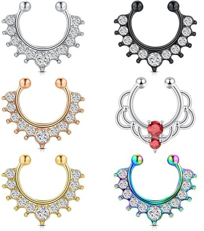 NIUSIMAN Fake Septum für Frauen 16G Faux Septum Piercing Schwarz Nasenringe 6 Stück Nasenpiercing Fakes Ring mit Kristall Edelstahl Faux Nase Lip Ring Clip On Nasepiercing Septum Piercing Schwarz