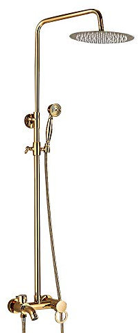 Begoniape Juego de ducha de ducha, ducha de lluvia dorado, barra de ducha ajustable, juego de columna de ducha con dos asas, cabezal de ducha de acero inoxidable, latón