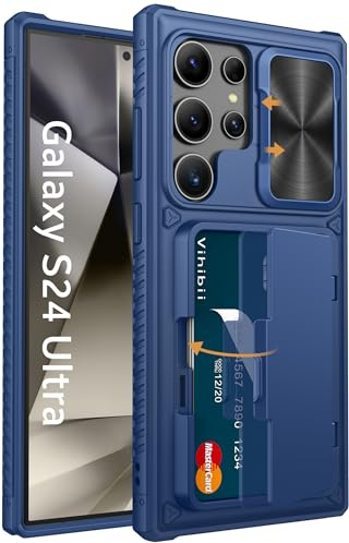 Vihibii pour Samsung Galaxy S24 Ultra Coque avec Porte-Carte & Cache Caméra & Support, Protection Militaire Antichoc Étui Antidérapante Anti-Rayures Case pour Samsung Galaxy S24 Ultra 6,8'', Bleu