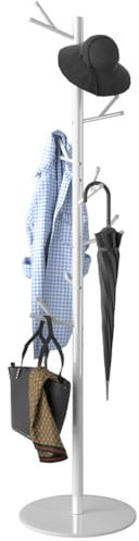 BAKAJI Porte-manteau de sol peu encombrant modèle New York, porte-manteau à pied avec 16 crochets, support de vêtements indépendant pour entrée et salon, idéal pour manteaux, chapeaux, sacs (blanc)