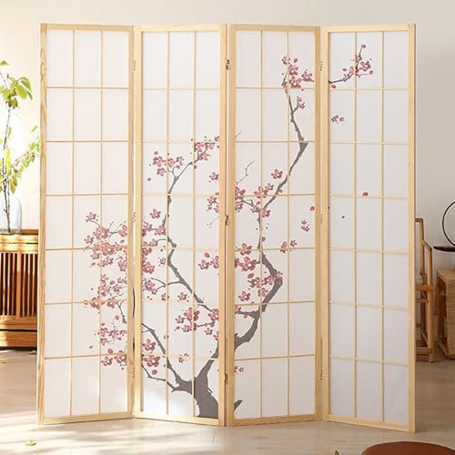 RUYICZB Japanische Paravent Raumteiler L180xh180cm Paravent Kirschblüten Motiv Paravent 4 Teilig Raumteiler Raumtrenner Spanische Wand Sichtschutz Trennwand,Wood
