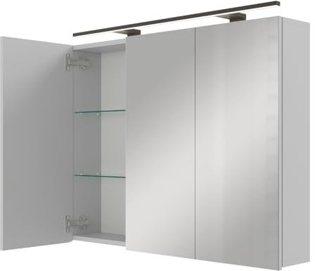 Planetmöbel ARIA Spiegelschrank Bad mit Beleuchtung 90 cm breit | Badschrank hängend mit Spiegel | Weiß Grau, mit Leuchte und Steckdose, Spiegelschrank Gäste WC 90 x 70 x 16 cm