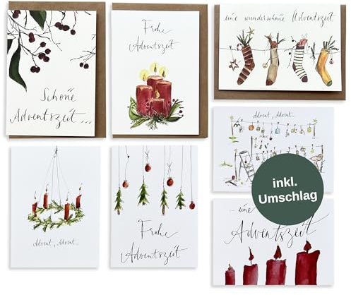 Annelis Art Advents-Karten-Set | 7 Karten (3 Klappkarten, 4 Postkarten) mit Umschlag (Kraftpapier) für die Adventszeit | Advent Karte für Mann, Frau, Kinder | DIN A6 (10,5 x 14,8 cm)