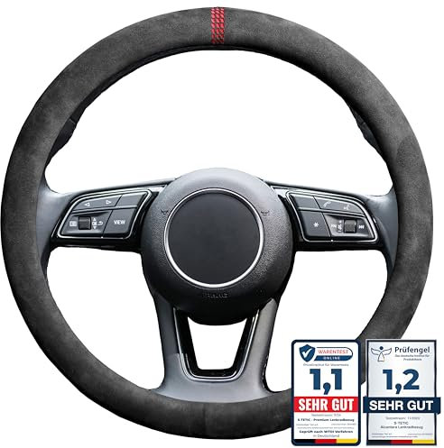 S-TETIC® Premium Lenkradbezug aus Alcantara | Racing Red Edition | Universalgröße 36-38 cm | Lenkradcover | für Sommer und Winter